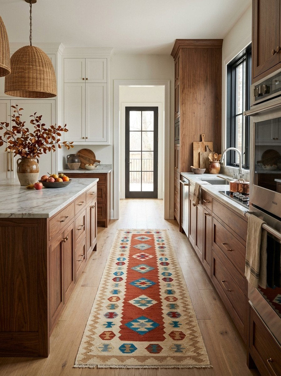 Kelim Gashgai — Handgefertigt, 297x83 cm, Beige, 100% Virgin Wool | Back view