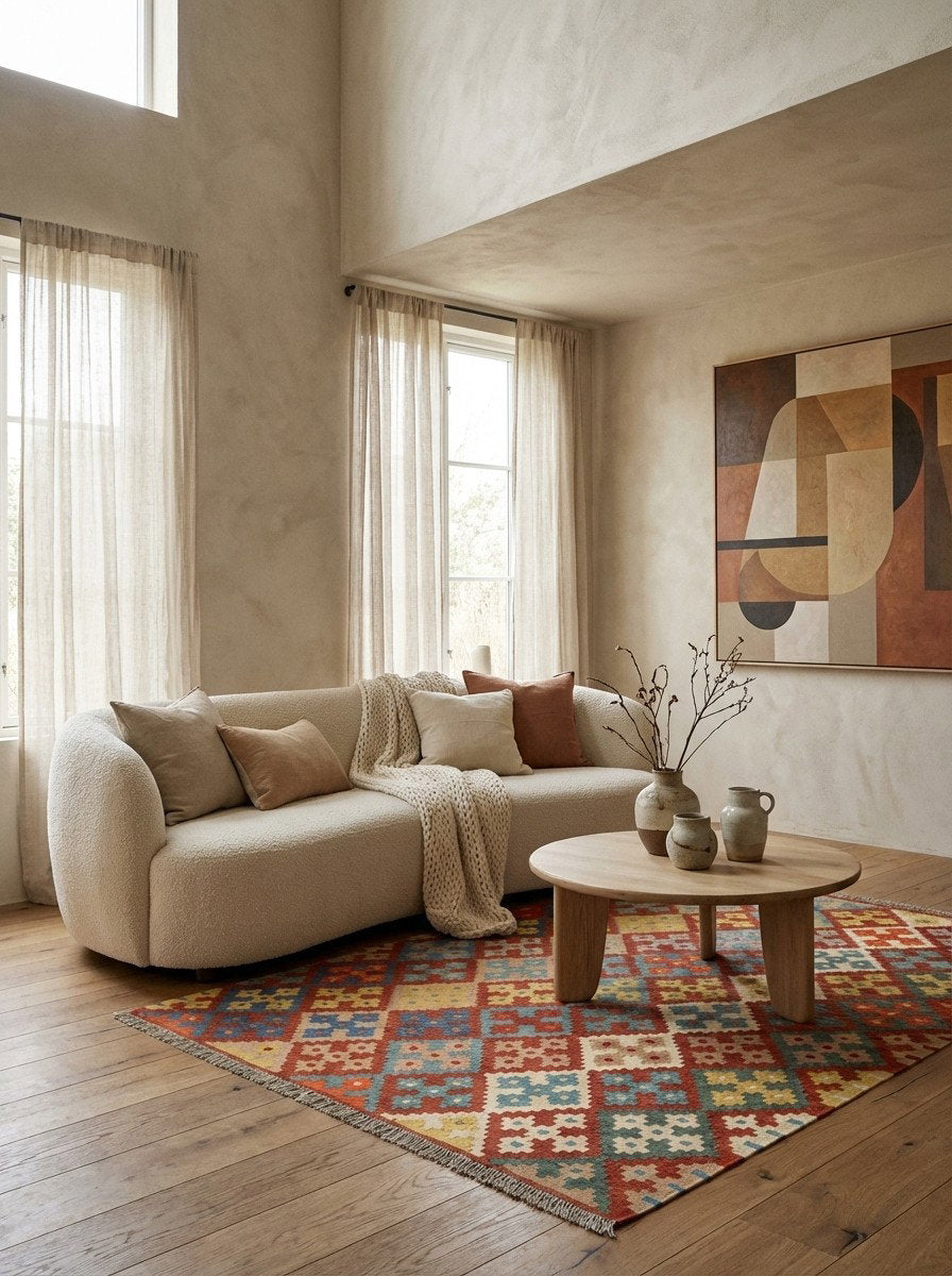 Kelim Gashgai — Handgefertigt, 182x132 cm, Bunt, 100% Virgin Wool | Detail view