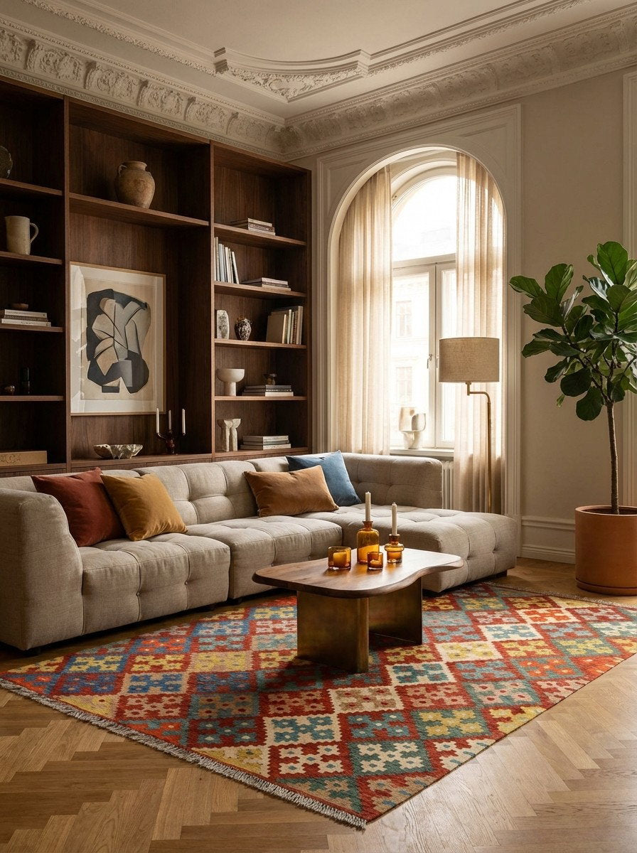 Kelim Gashgai — Handgefertigt, 182x132 cm, Bunt, 100% Virgin Wool | Back view