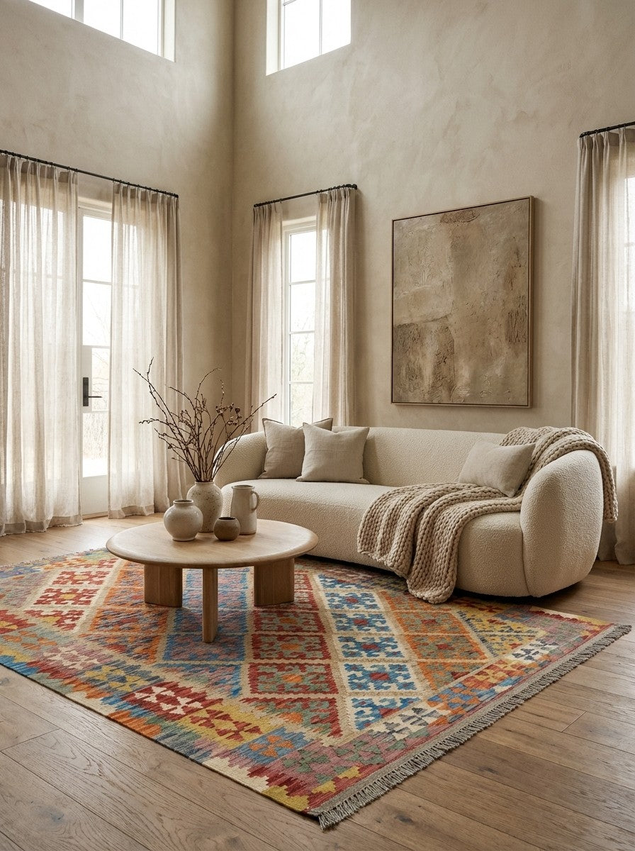 Kelim Gashgai — Handmade, 156x205 cm, Beige, 100% Virgin Wool | Detail view