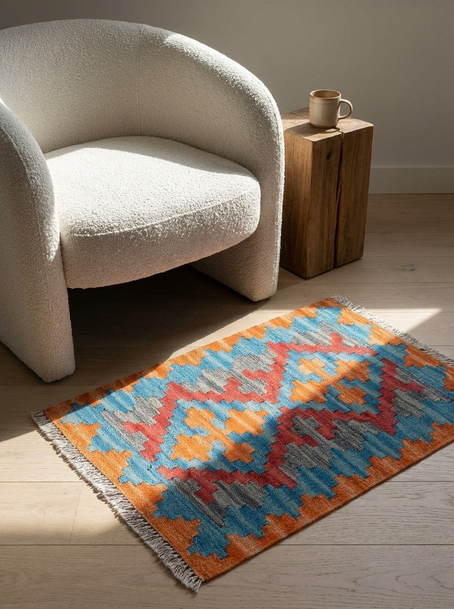 Kelim Gashgai — Handmade, 45x60 cm, Blue, 100% Virgin Wool | Detail view