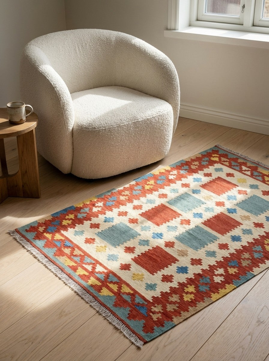 Kelim Gashgai — Handmade, 107x152 cm, Beige, 100% Virgin Wool | Detail view