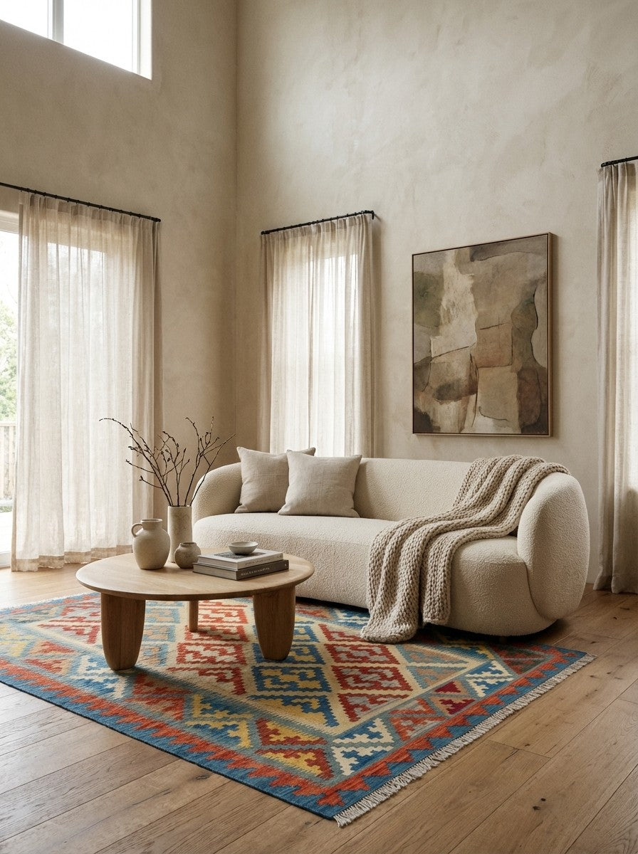 Kelim Gashgai — Handmade, 124x173 cm, Beige, 100% Virgin Wool | Detail view