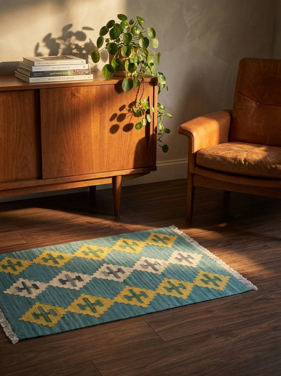 Kelim Gashgai — Handgefertigt, 88x63 cm, Blau, 100% Virgin Wool | Back view