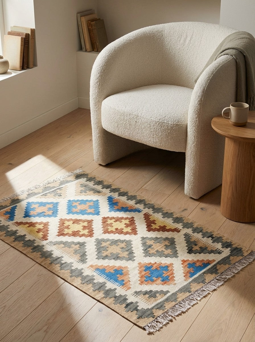 Kelim Gashgai — Handmade, 63x91 cm, Beige, 100% Virgin Wool | Detail view