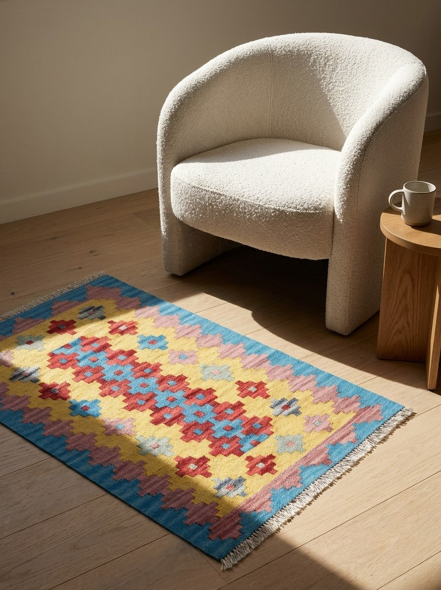 Kelim Gashgai — Handmade, 62x96 cm, Yellow, 100% Virgin Wool | Detail view