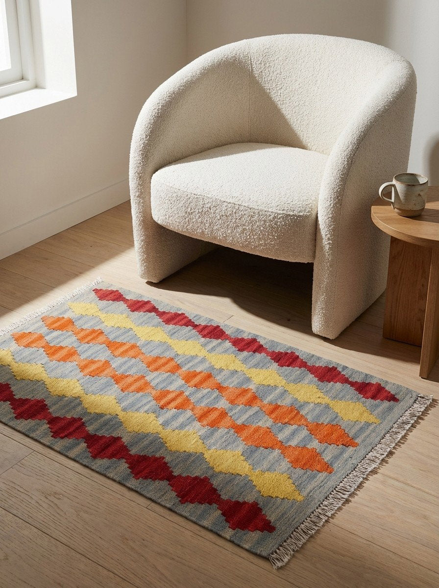 Kelim Gashgai — Handgefertigt, 88x63 cm, Grau, 100% Virgin Wool | Detail view