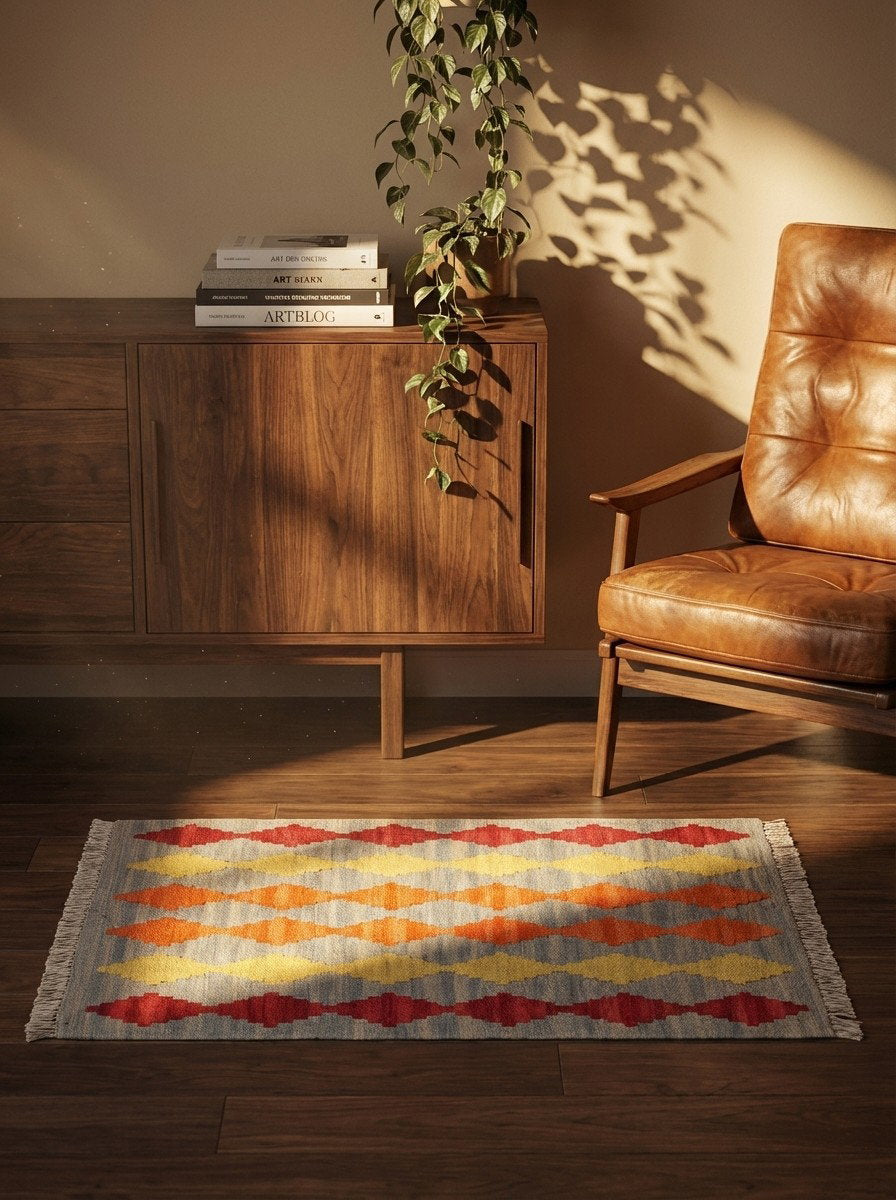 Kelim Gashgai — Handgefertigt, 88x63 cm, Grau, 100% Virgin Wool | Back view