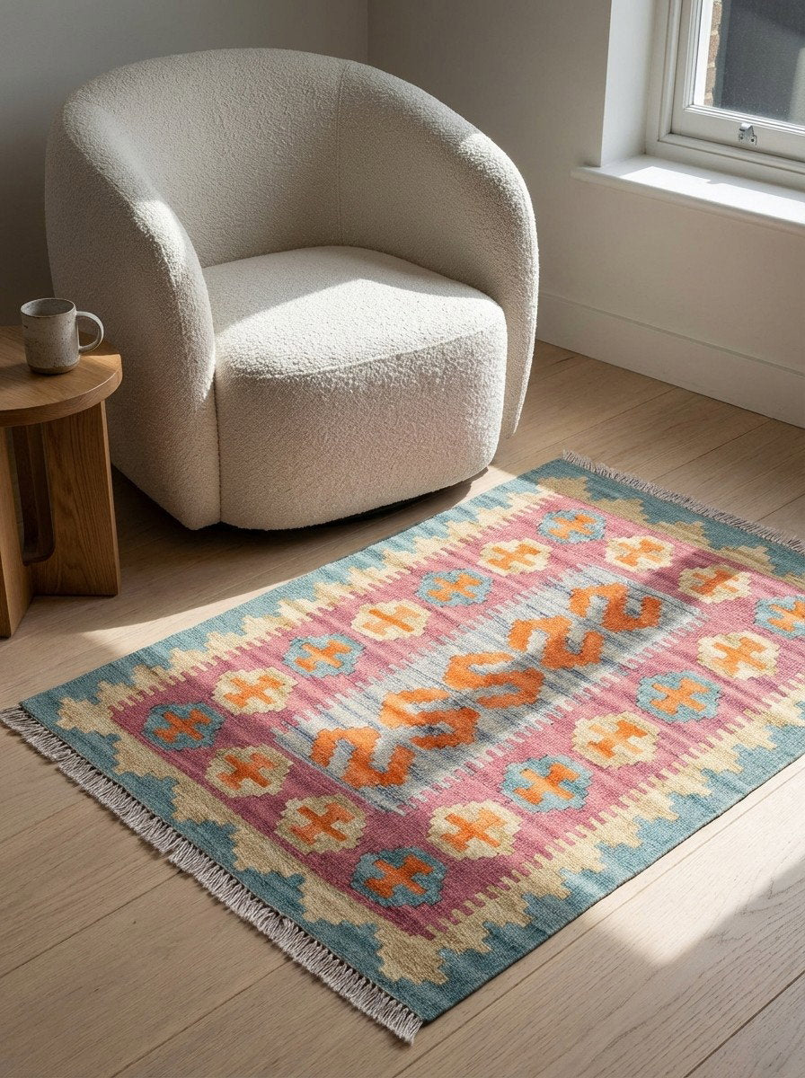 Kelim Gashgai — Handgefertigt, 90x65 cm, Beige, 100% Virgin Wool | Detail view