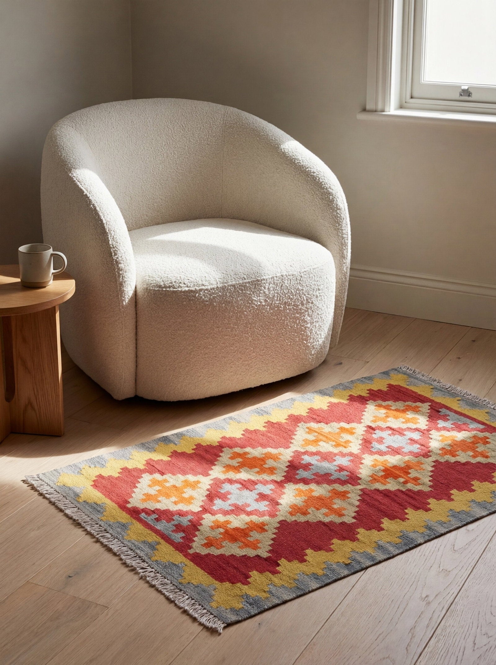 Kelim Gashgai — Handgefertigt, 90x61 cm, Bunt, 100% Virgin Wool | Detail view