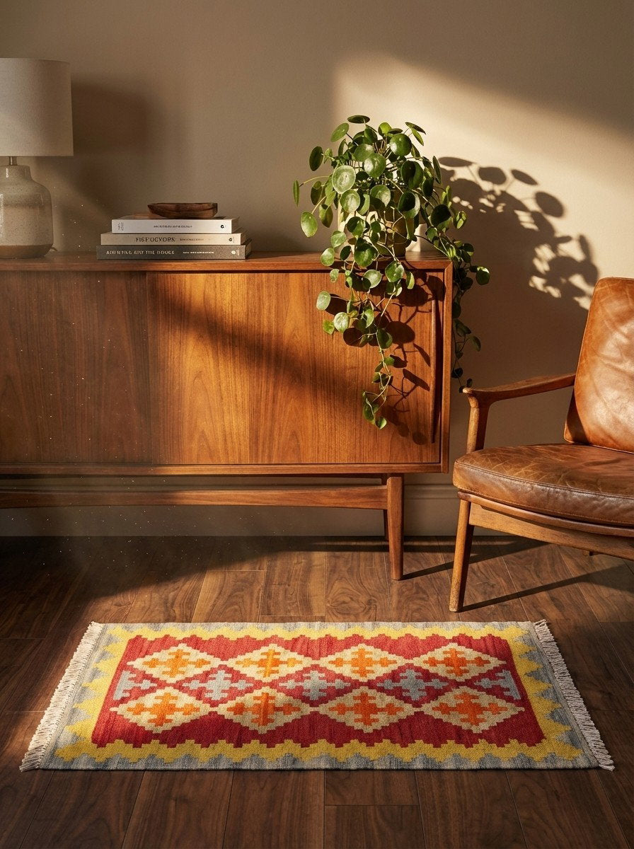 Kelim Gashgai — Handgefertigt, 90x61 cm, Bunt, 100% Virgin Wool | Back view