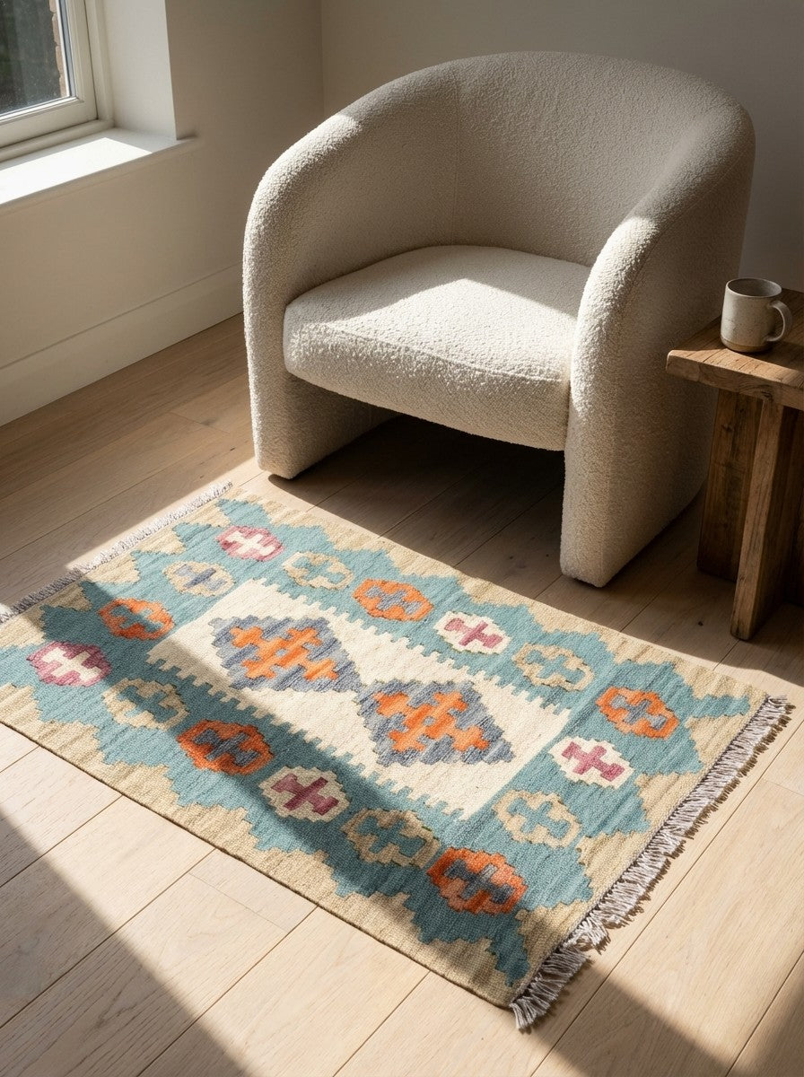 Kelim Gashgai — Handmade, 62x90 cm, Blue, 100% Virgin Wool | Detail view