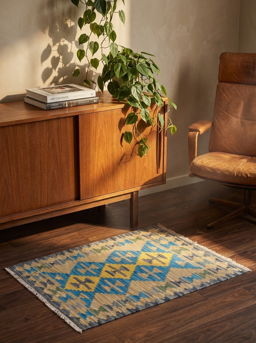 Kelim Gashgai — Handmade, 80x110 cm, Beige, 100% Virgin Wool | Back view