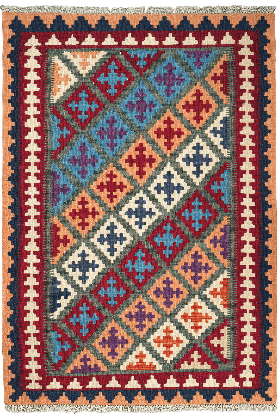 Kelim Gashgai — Handmade, 104x150 cm, Green, 100% Virgin Wool | Main view