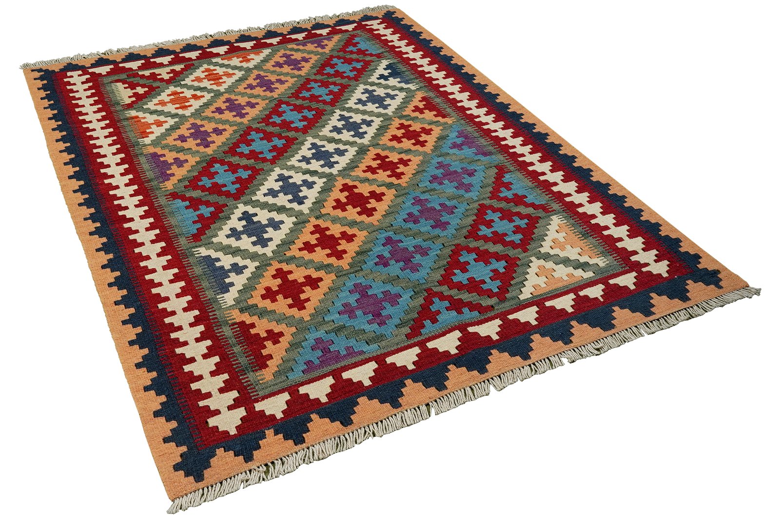 Kelim Gashgai — Handmade, 104x150 cm, Green, 100% Virgin Wool | View 4