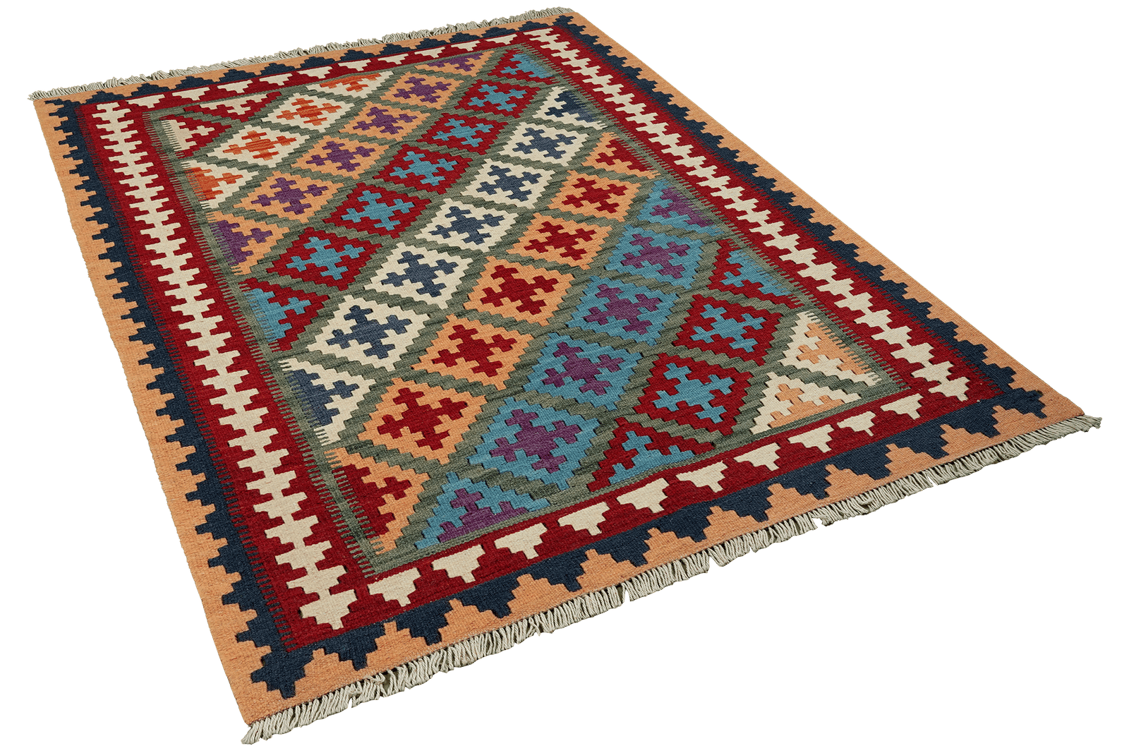 Kelim Gashgai — Handmade, 104x150 cm, Green, 100% Virgin Wool | View 4
