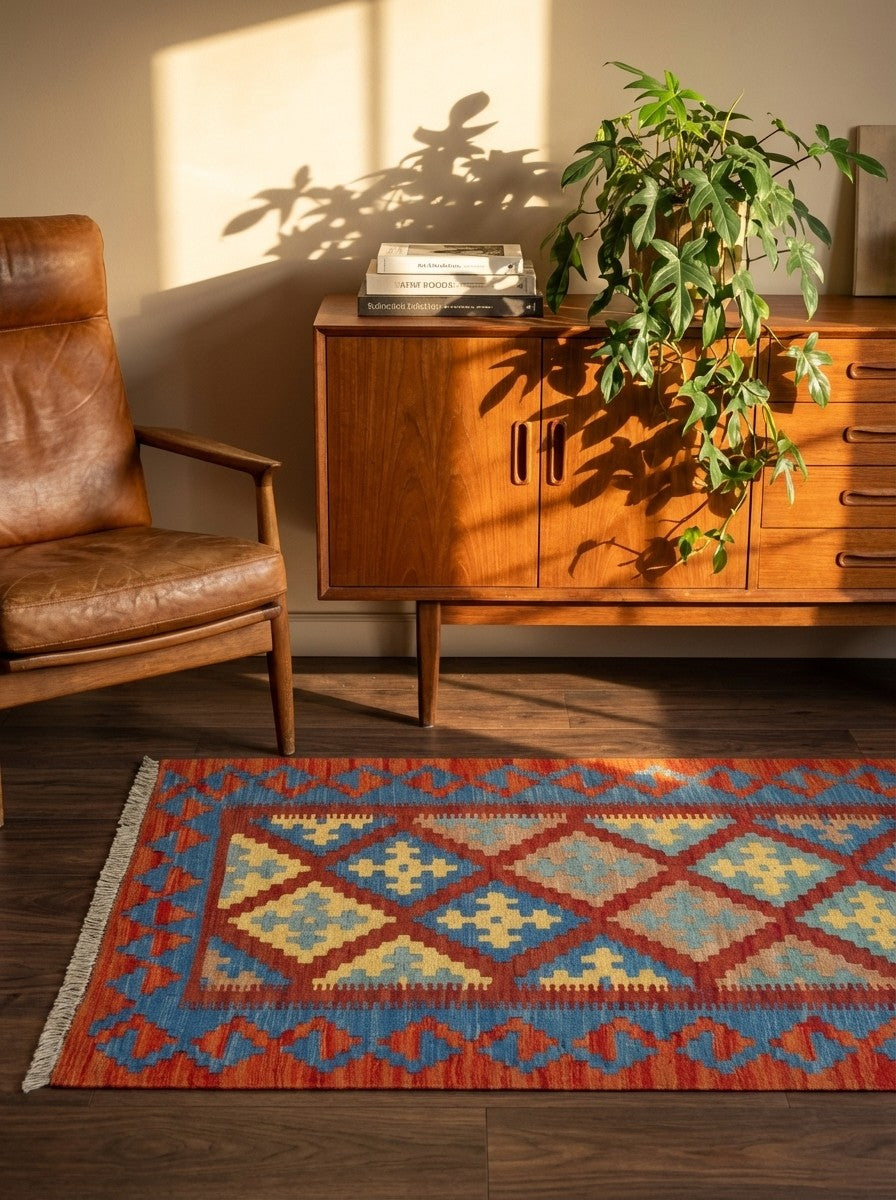 Kelim Gashgai — Handmade, 81x126 cm, Red, 100% Virgin Wool | Back view