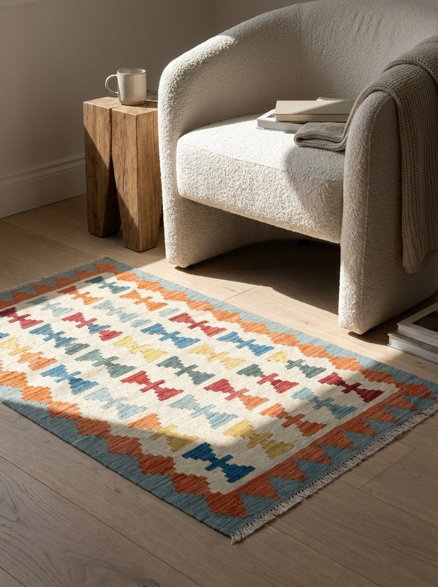 Kelim Gashgai — Handmade, 84x193 cm, Beige, 100% Virgin Wool | Detail view