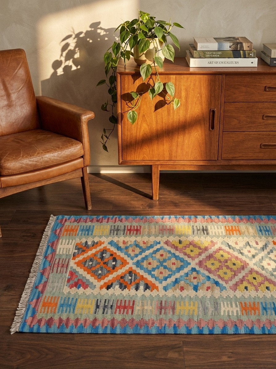 Kelim Gashgai — Handgefertigt, 127x84 cm, Grau, 100% Virgin Wool | Back view