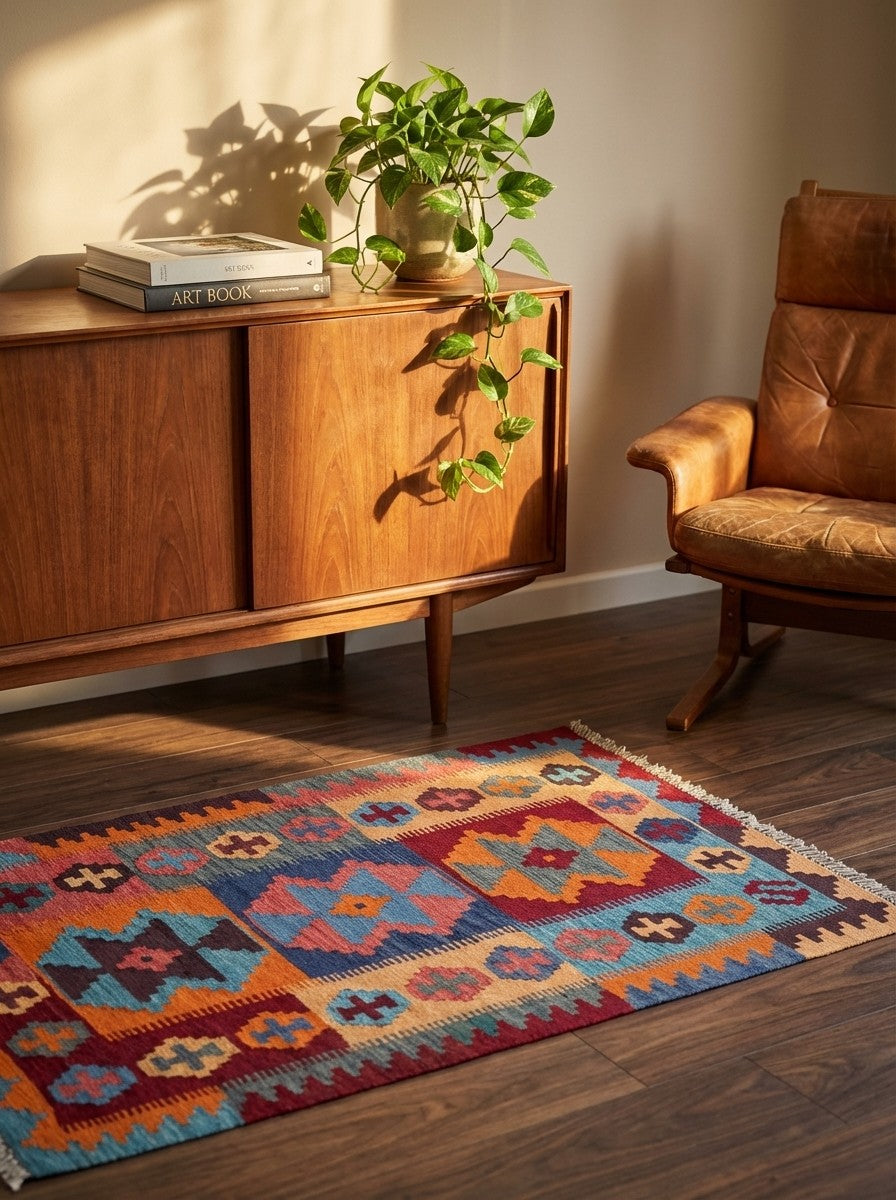 Kelim Gashgai — Handmade, 84x129 cm, Multicolor, 100% Virgin Wool | Back view
