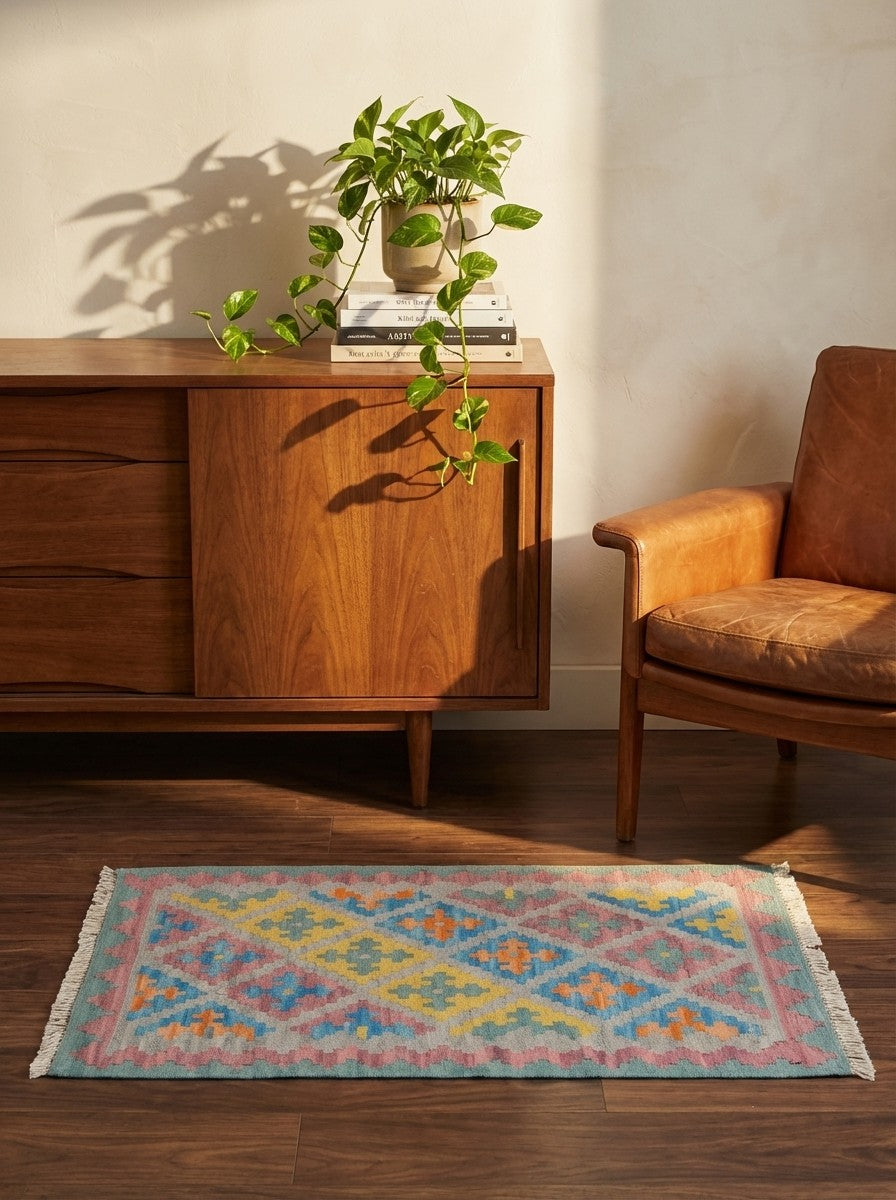 Kelim Gashgai — Handmade, 64x91 cm, Grey, 100% Virgin Wool | Back view