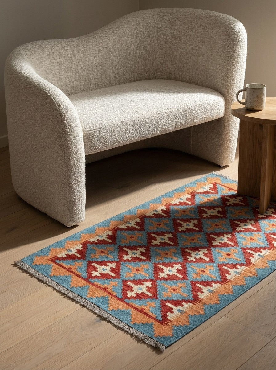 Kelim Gashgai — Handmade, 82x129 cm, Red, 100% Virgin Wool | Detail view