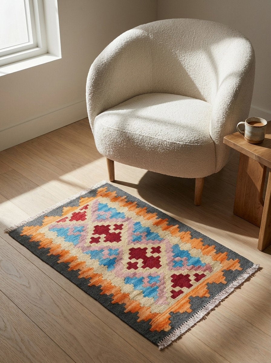 Kelim Gashgai — Handgefertigt, 64x45 cm, Bunt, 100% Virgin Wool | Detail view