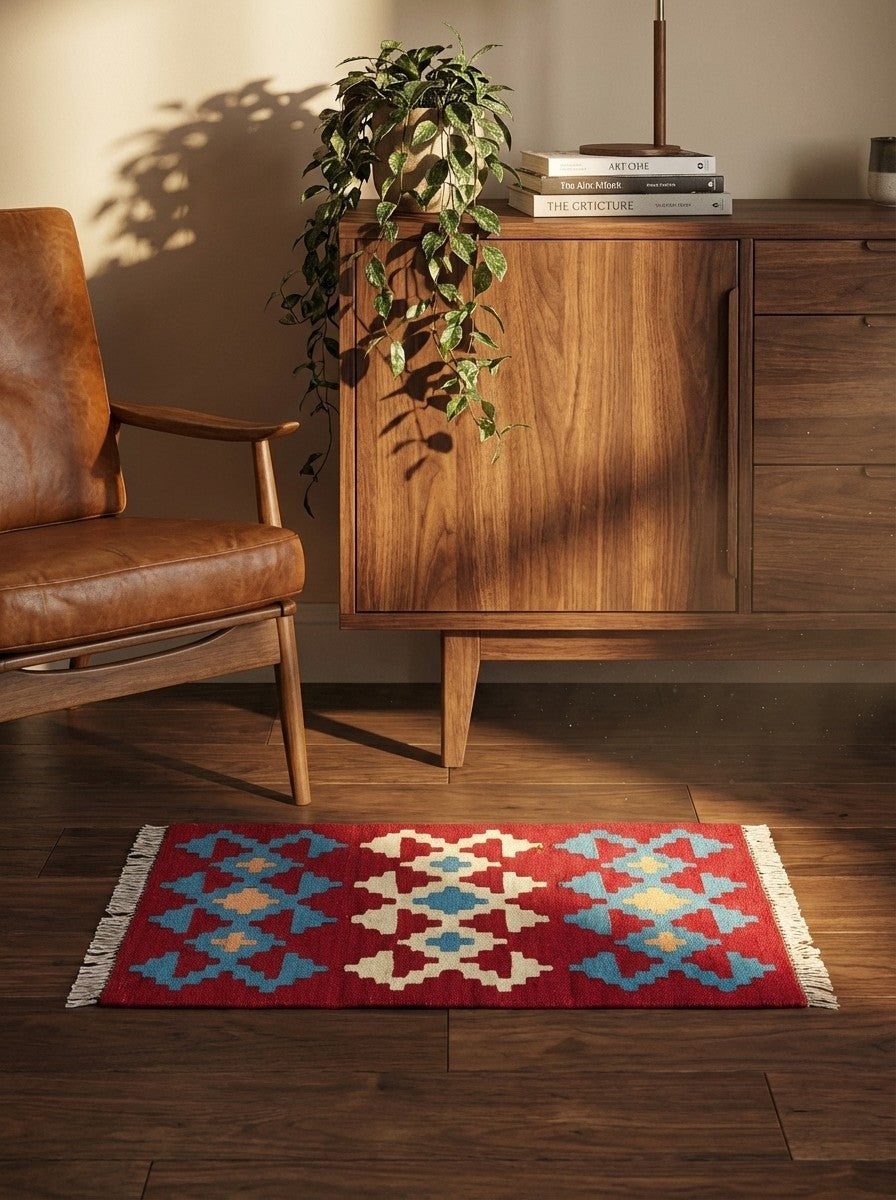 Kelim Gashgai — Handmade, 44x65 cm, Red, 100% Virgin Wool | Back view