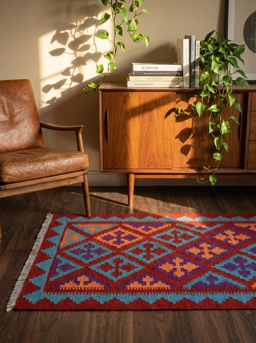 Kelim Gashgai — Handmade, 88x132 cm, Red, 100% Virgin Wool | Back view