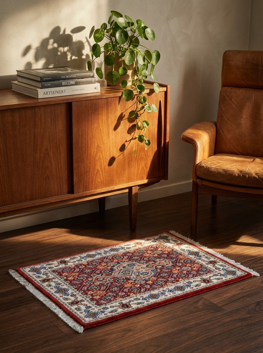 Moud Mahi — Hand-knotted, 41x58 cm, Red, 100% Virgin Wool | Back view