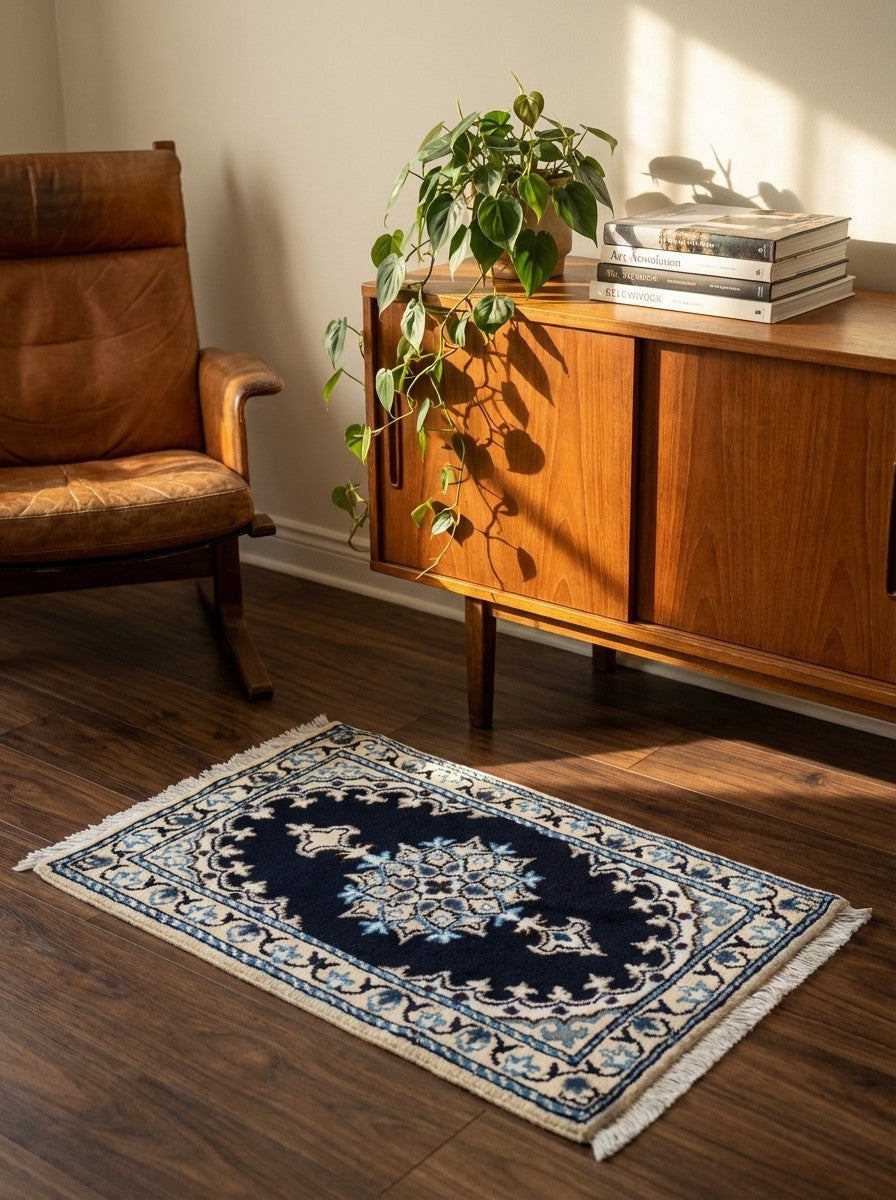 Nain 12La — Hand-knotted, 39x59 cm, Blue, 100% Virgin Wool | Back view