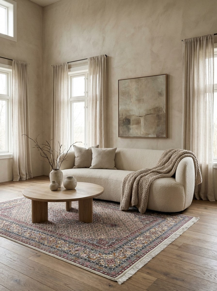 Moud Mahi — Hand-knotted, 143x193 cm, Beige, 100% Virgin Wool | Detail view