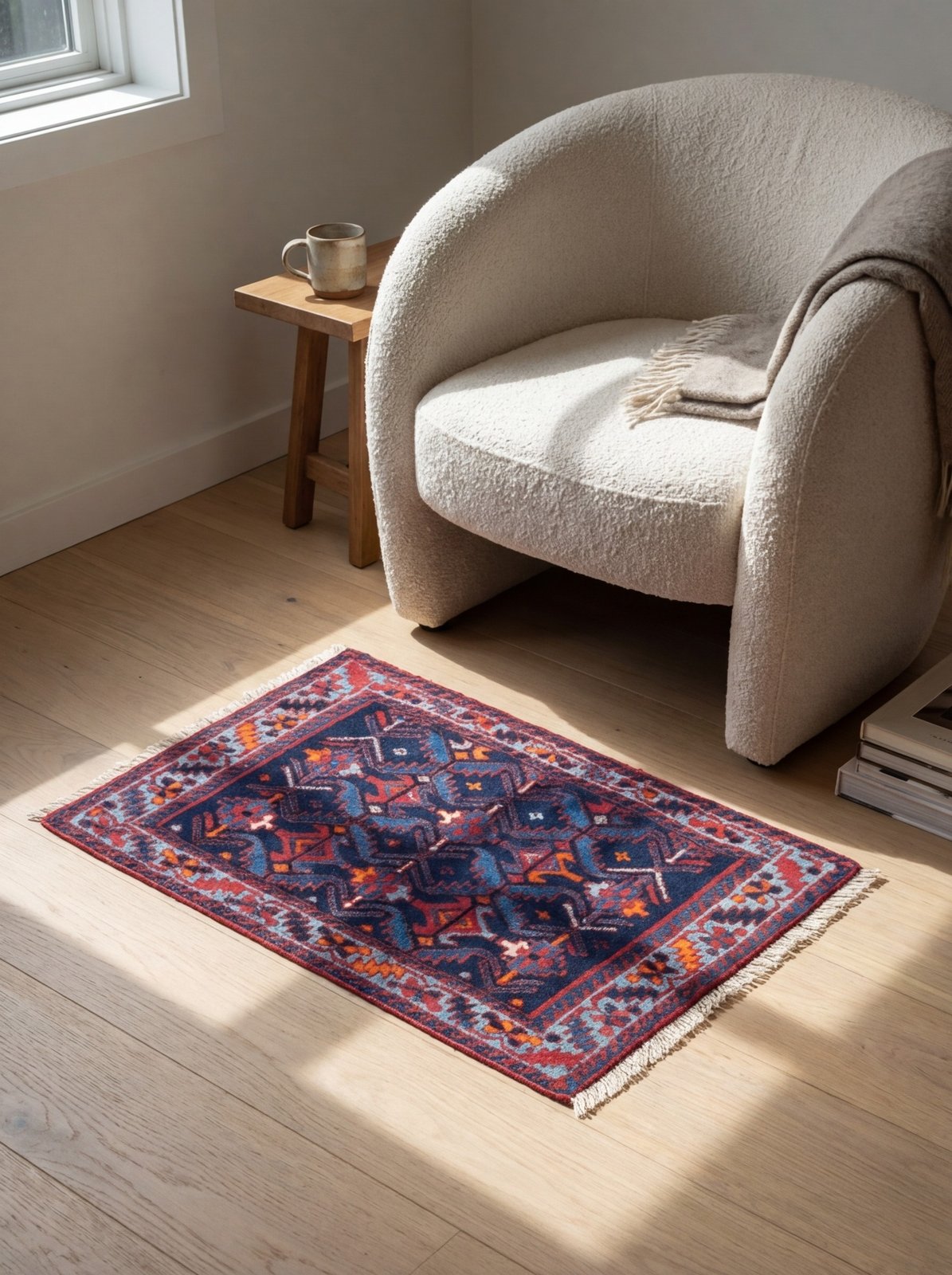 Afshar — Hand-knotted, 84x58 cm, Blue, 100% Virgin Wool | Detail view