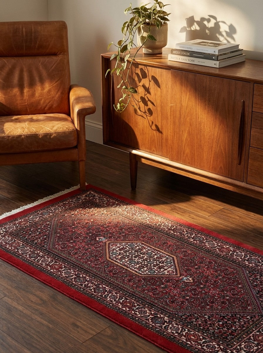 Bidjar Bookan — Hand-knotted, 69x147 cm, Red, 95% Schurwolle, 5% Seide | Back view