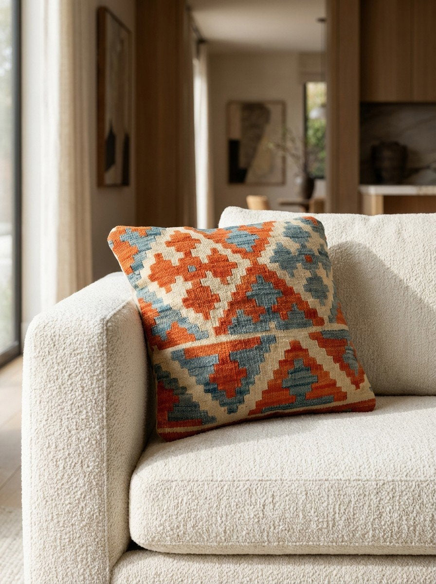 Kelim Kissen — Handgefertigt, 50x50 cm, Bunt, 100% Virgin Wool | Detail view