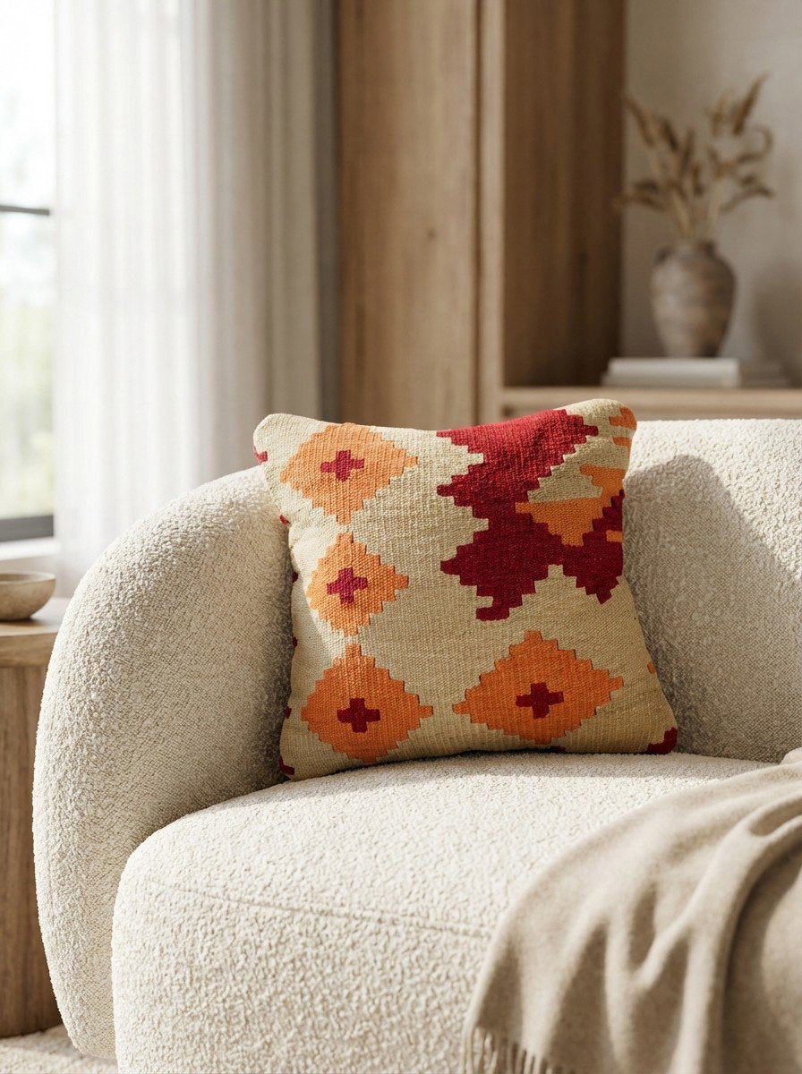 Kelim Kissen — Handgefertigt, 50x50 cm, Bunt, 100% Virgin Wool | Detail view