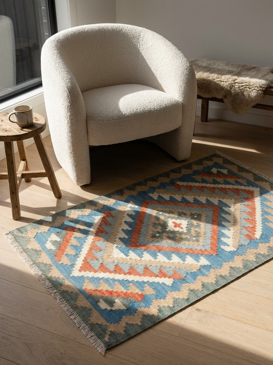 Kelim Gashgai — Handmade, 82x119 cm, Blue, 100% Virgin Wool | Detail view