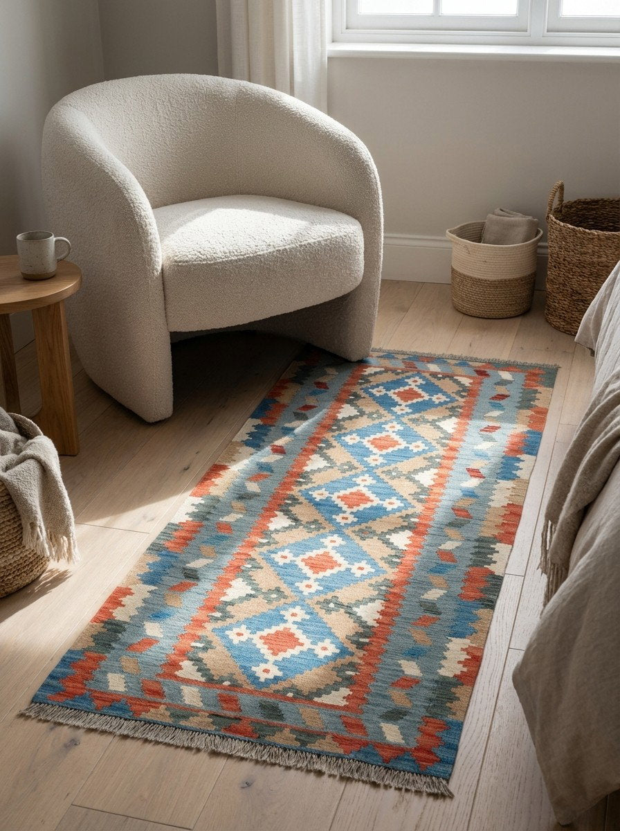 Kelim Gashgai — Handgefertigt, 195x82 cm, Bunt, 100% Virgin Wool | Detail view