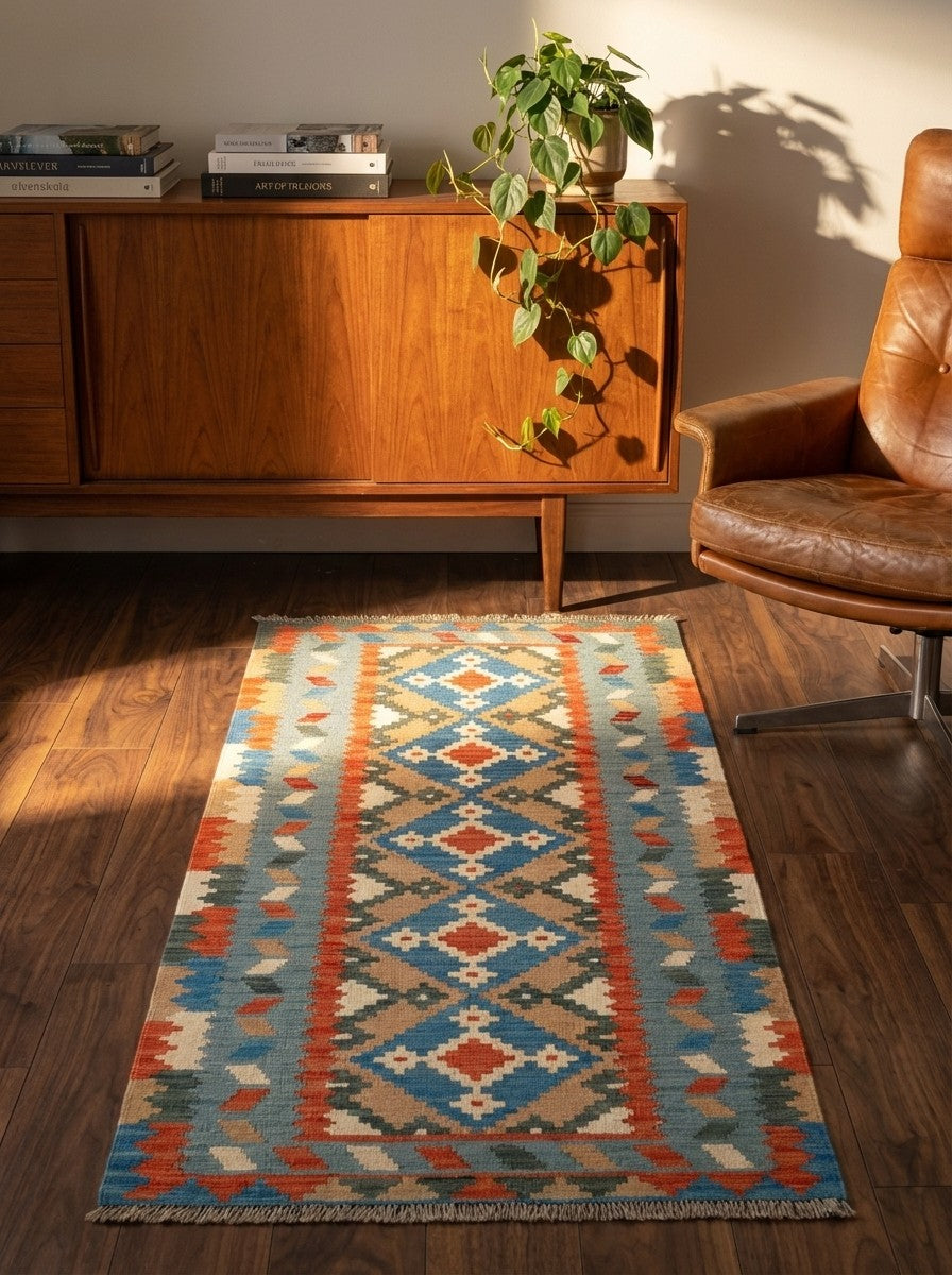 Kelim Gashgai — Handmade, 82x195 cm, Blue, 100% Virgin Wool | Back view
