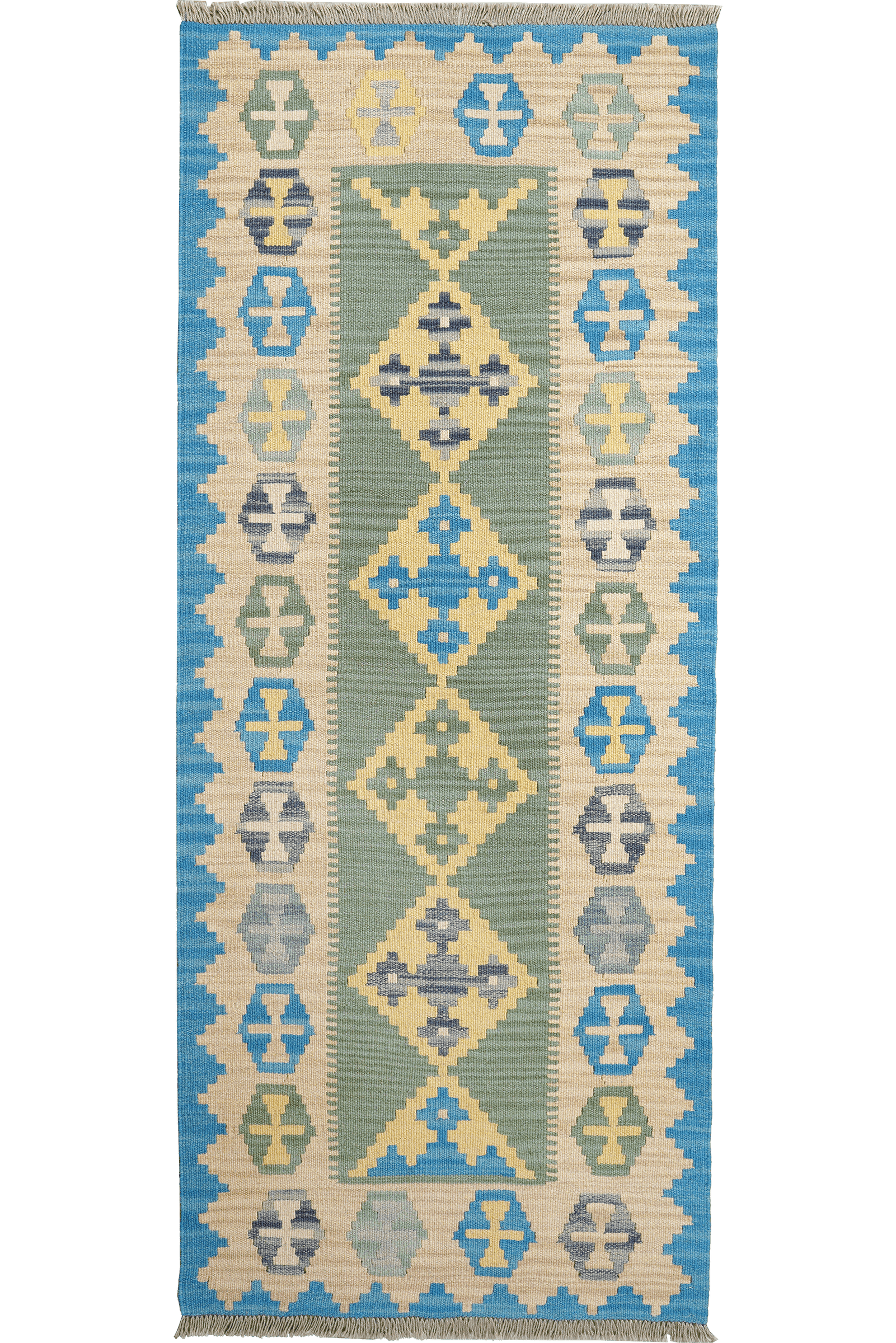 Kelim Gashgai — Handmade, 84x201 cm, Green, 100% Virgin Wool | Main view