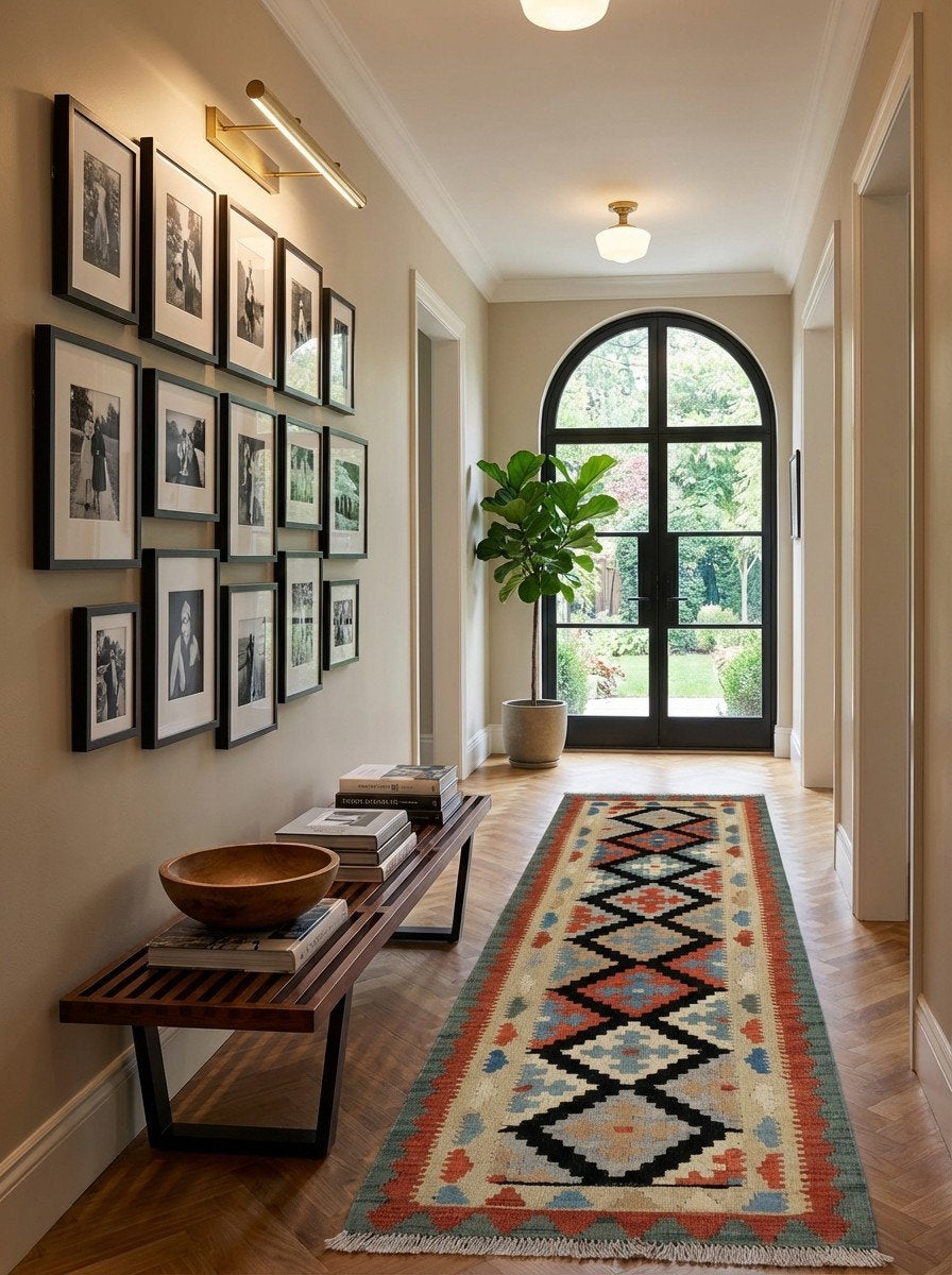 Kelim Gashgai — Handgefertigt, 185x56 cm, Rot, 100% Virgin Wool | Detail view