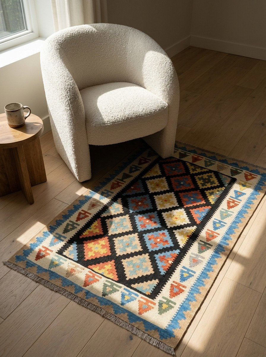 Kelim Gashgai — Handgefertigt, 147x106 cm, Beige, 100% Virgin Wool | Detail view