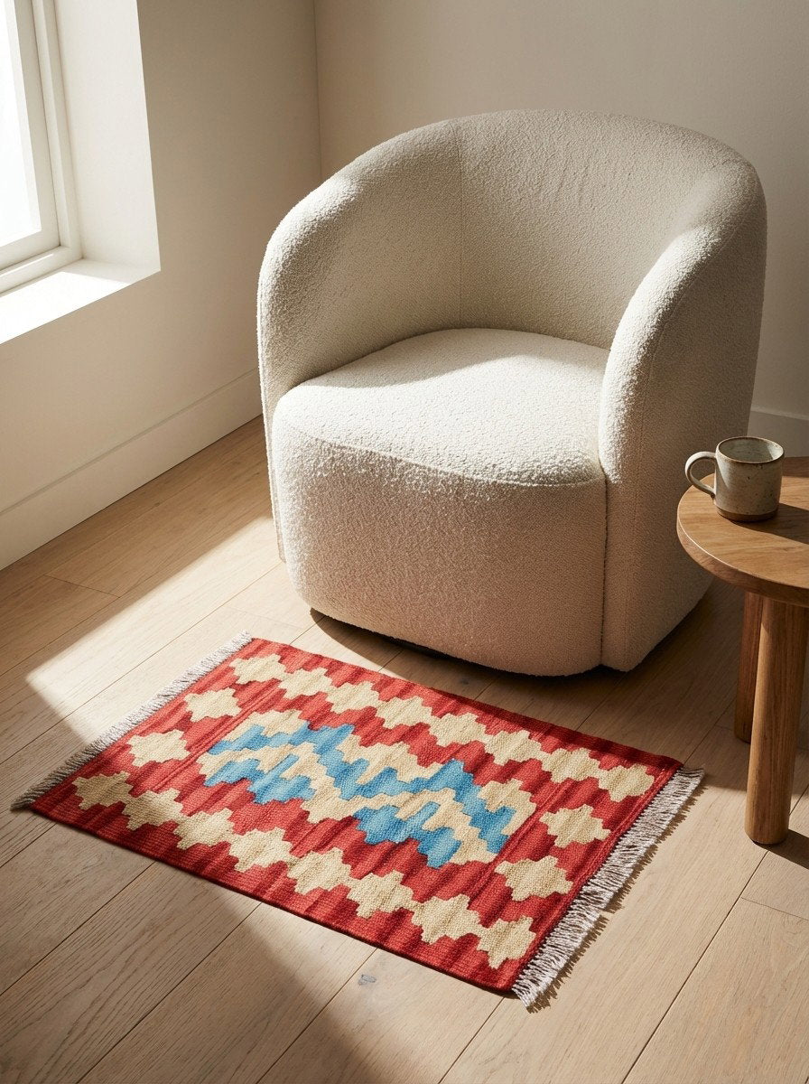 Kelim Gashgai — Handgefertigt, 57x44 cm, Rot, 100% Virgin Wool | Detail view