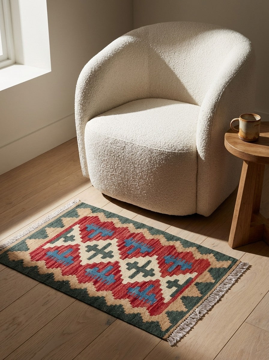 Kelim Gashgai — Handmade, 40x62 cm, Red, 100% Virgin Wool | Detail view