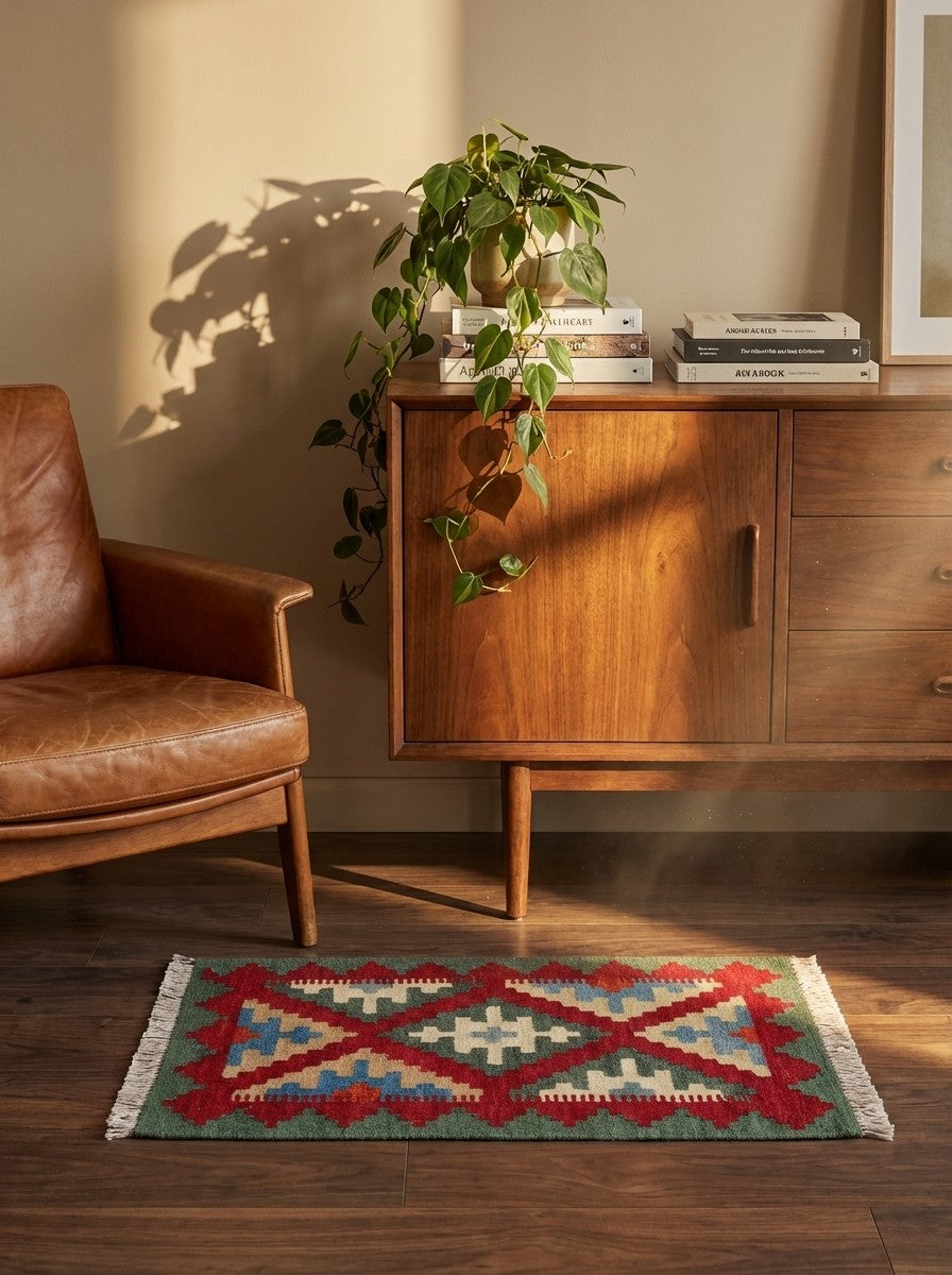 Kelim Gashgai — Handmade, 45x62 cm, Red, 100% Virgin Wool | Back view