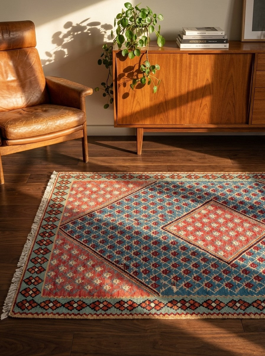 Kelim Senneh — Handmade, 107x156 cm, Blue, 100% Virgin Wool | Back view