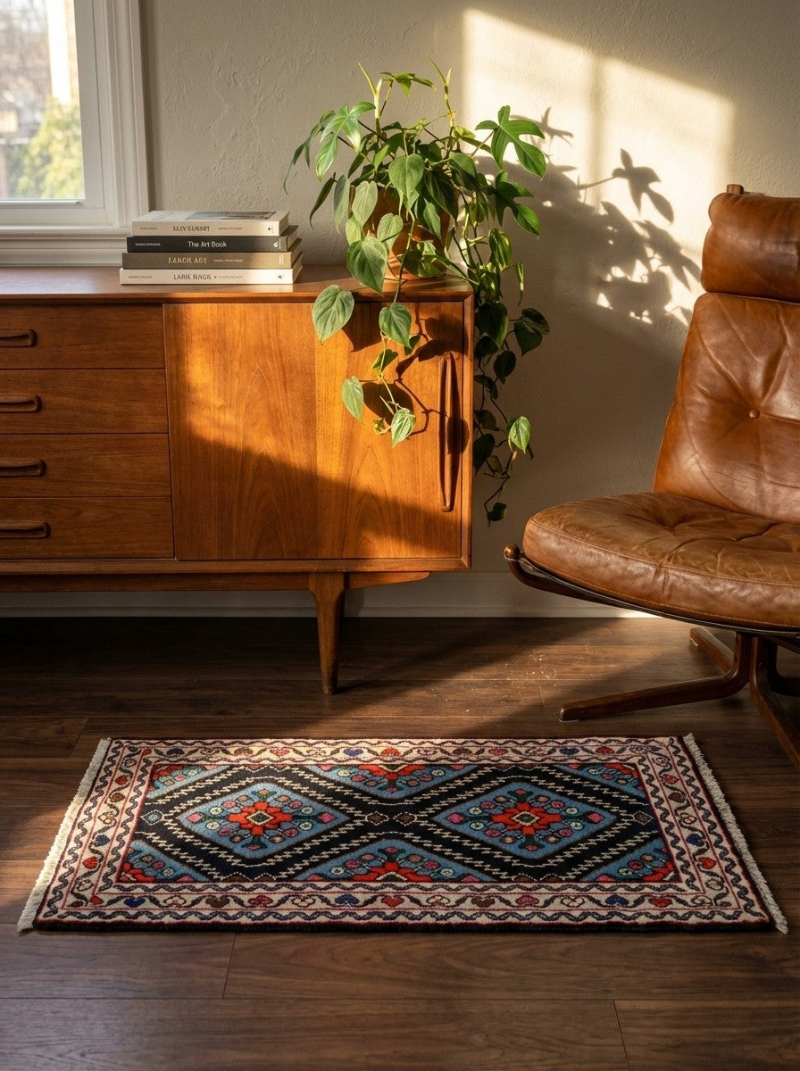 Hamadan — Hand-knotted, 57x94 cm, Blue, 100% Virgin Wool | Back view