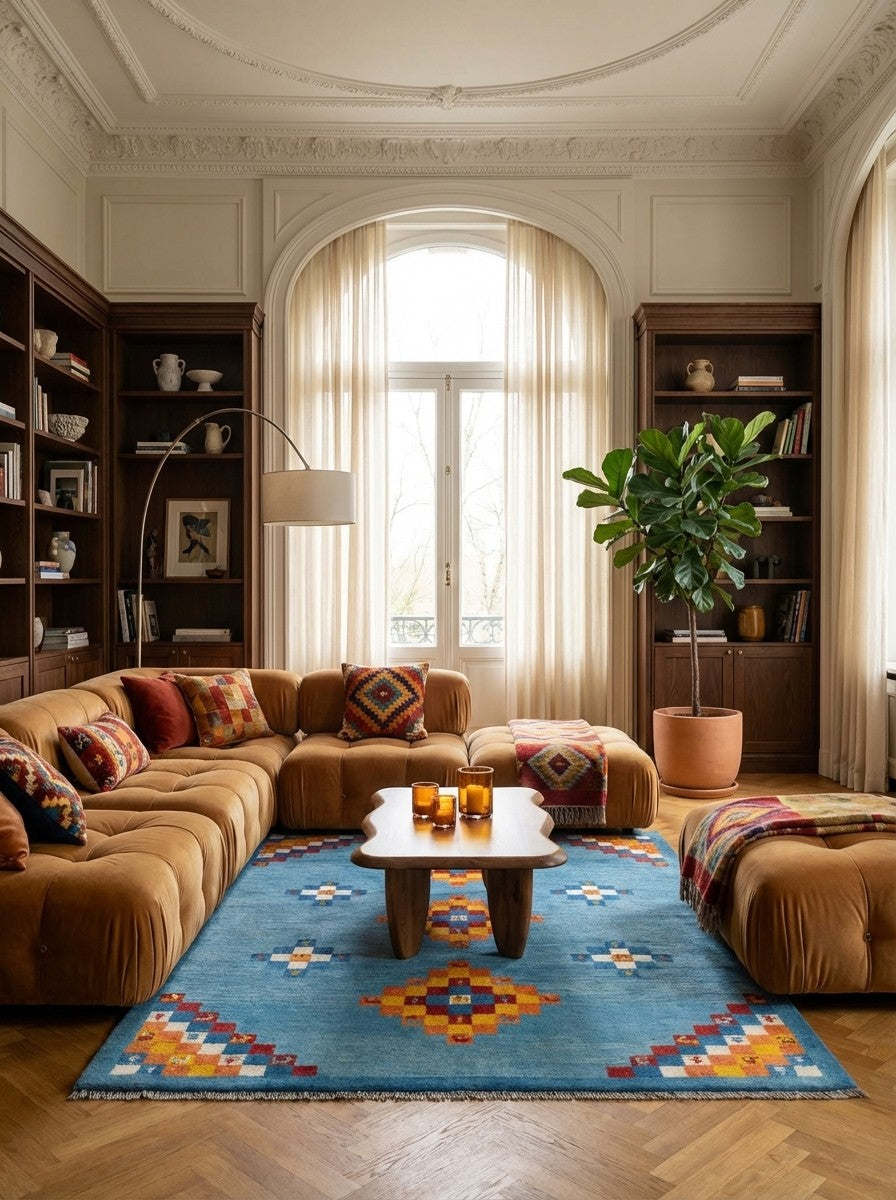 Gabbeh Sonnat — Hand-knotted, 153x194 cm, Blue, 100% Virgin Wool | Back view