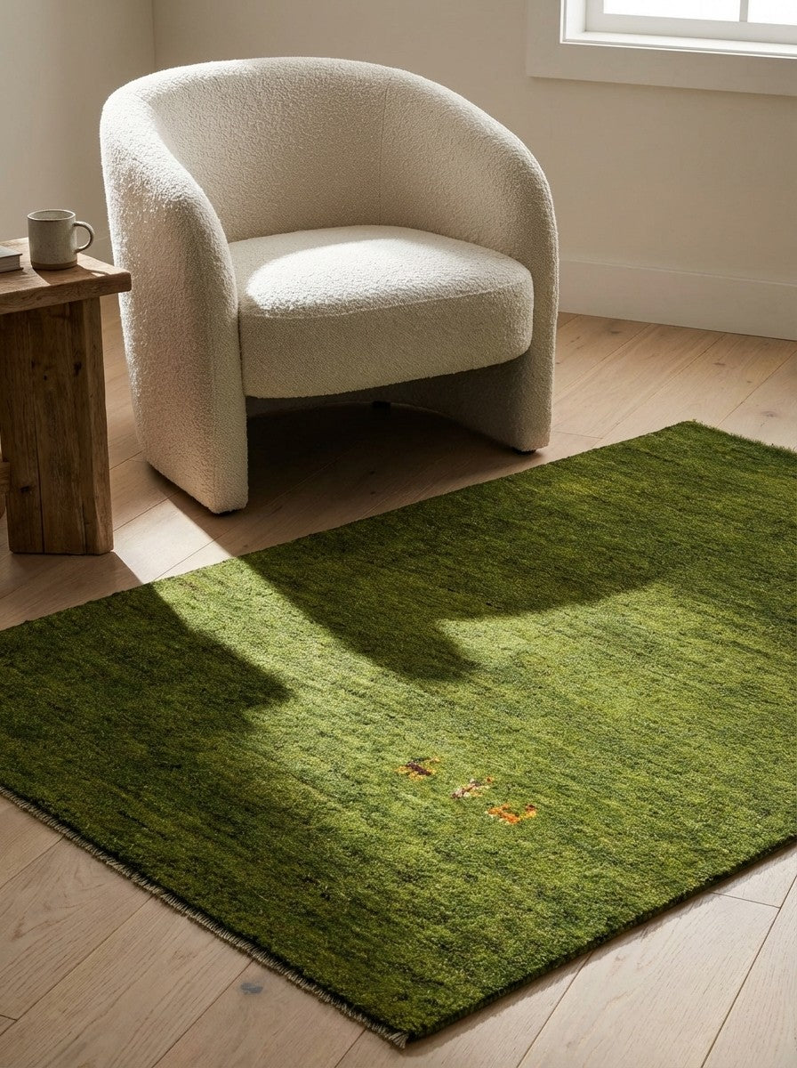 Gabbeh — Hand-knotted, 99x150 cm, Green, 100% Virgin Wool | Detail view