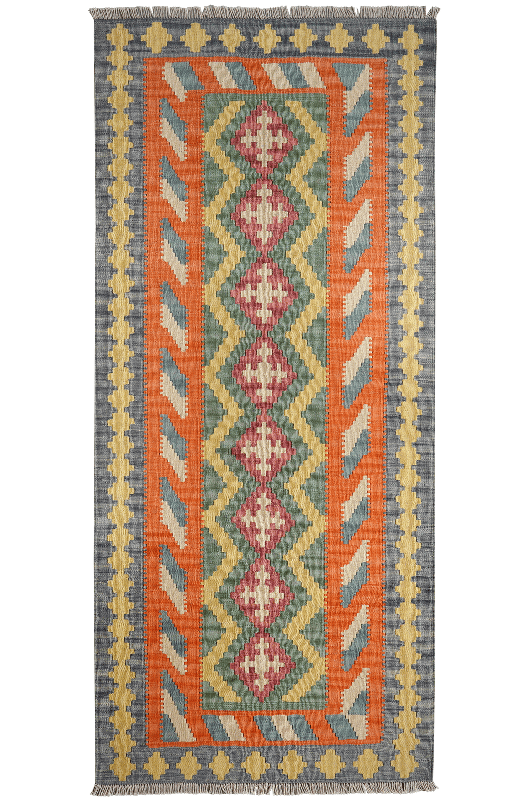 Kelim Gashgai — Handmade, 86x197 cm, Green, 100% Virgin Wool | Main view